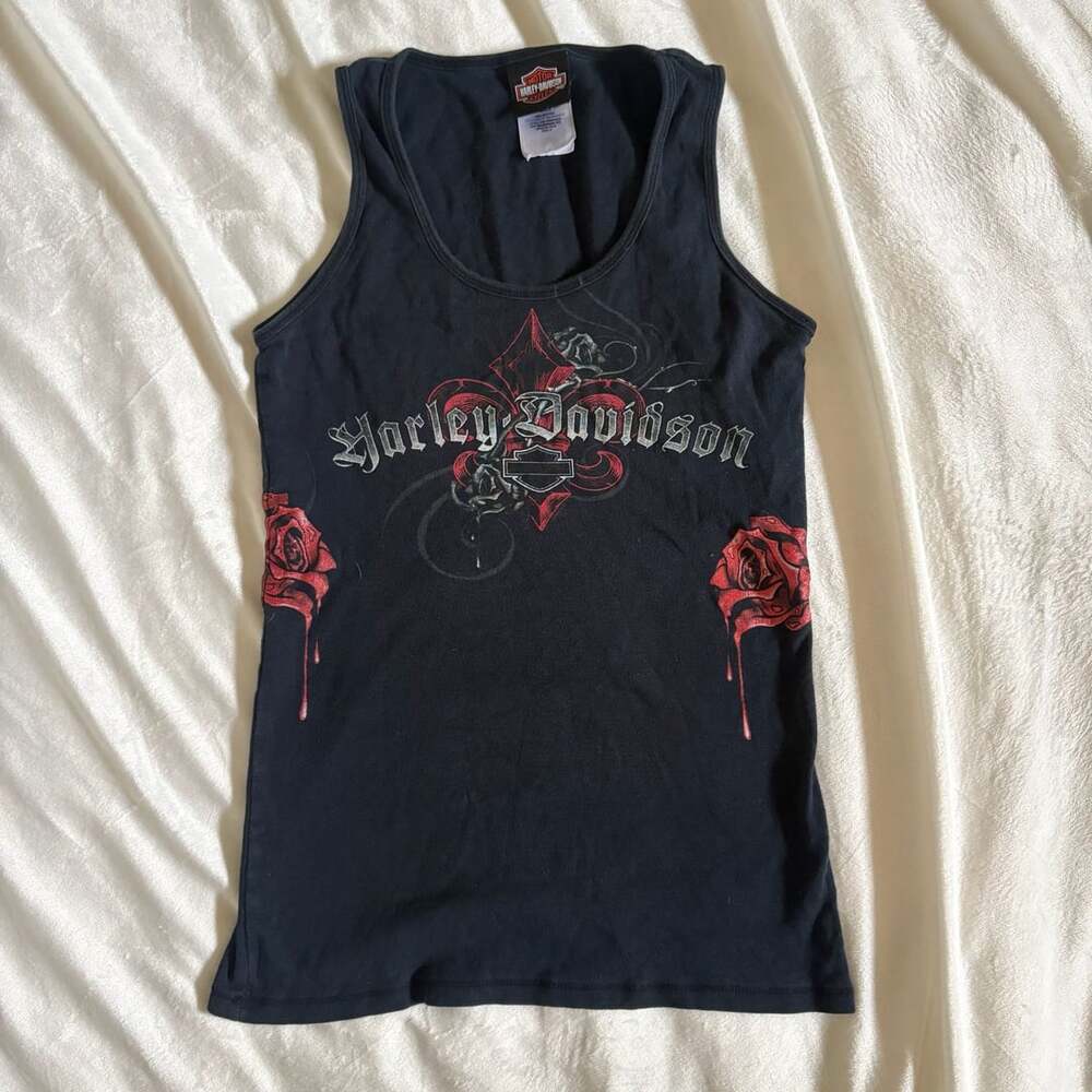 Harley-Davidson Women's Black Tank Top with Red Roses, Size S